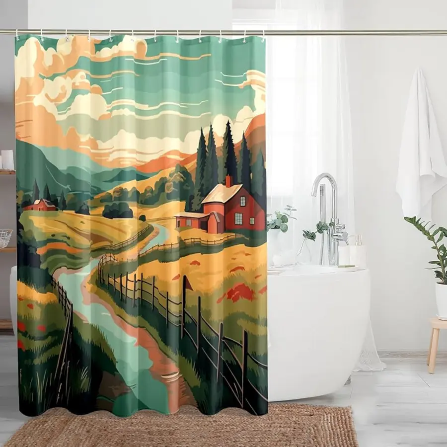 A colorful countryside shower curtain hangs in a modern bathroom with a bathtub and plants.