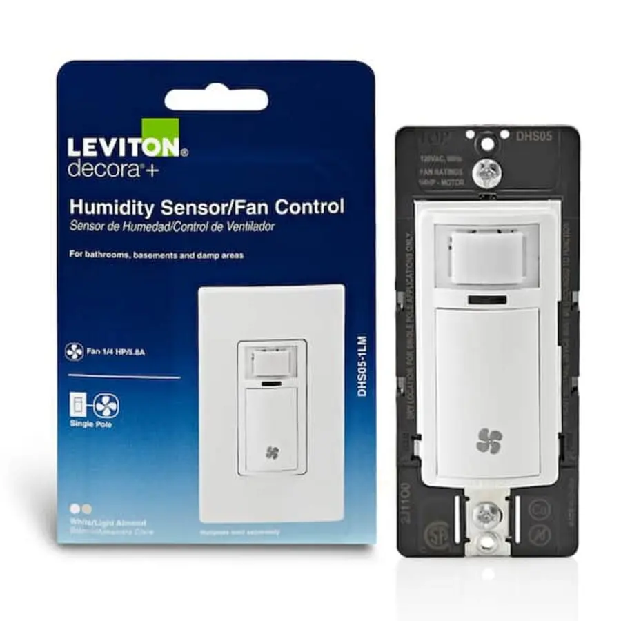 Humidity sensor and fan control switch on packaging with instructions and features displayed.