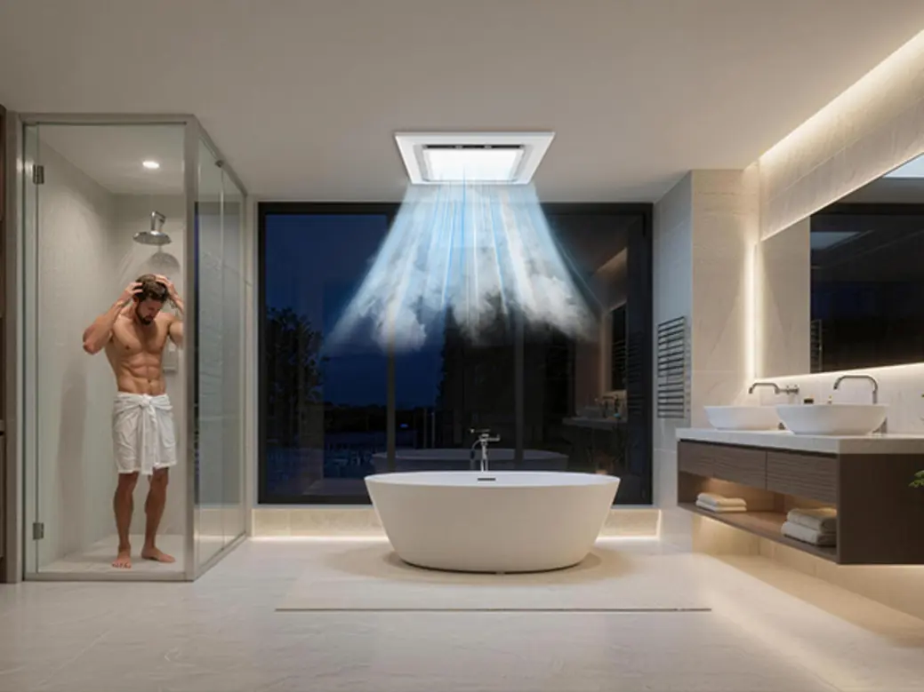 Modern bathroom featuring a shower, bathtub, and an extractor fan with illuminated ventilation.