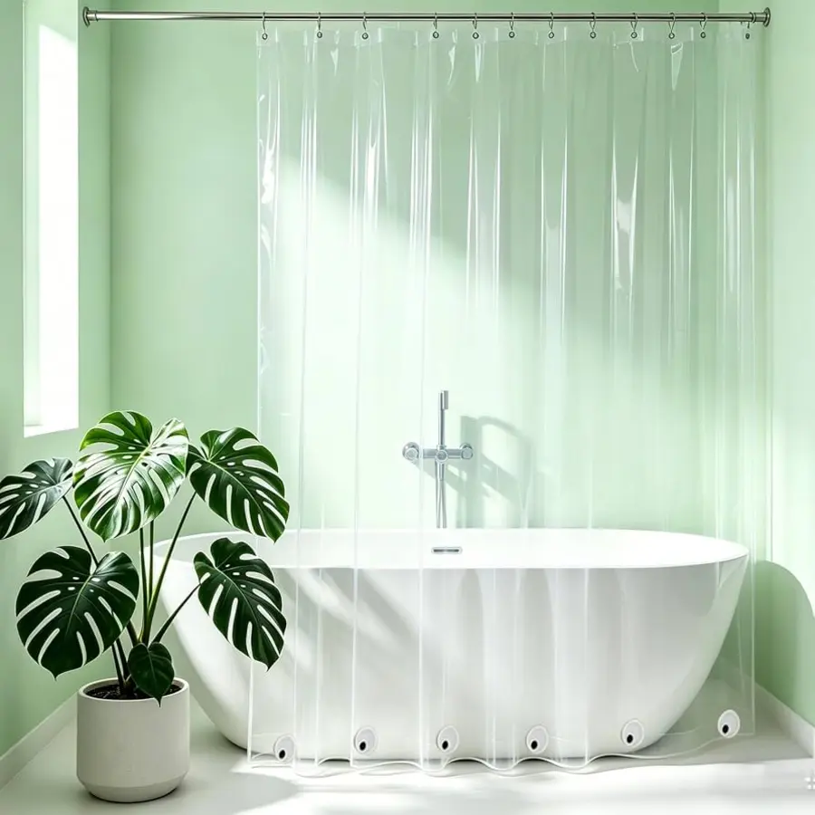 A minimalist bathroom featuring a clear shower curtain around a modern freestanding bathtub and a potted plant.