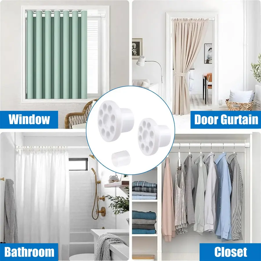 Curtain rods and caps displayed in four settings: window, door, bathroom, and closet.