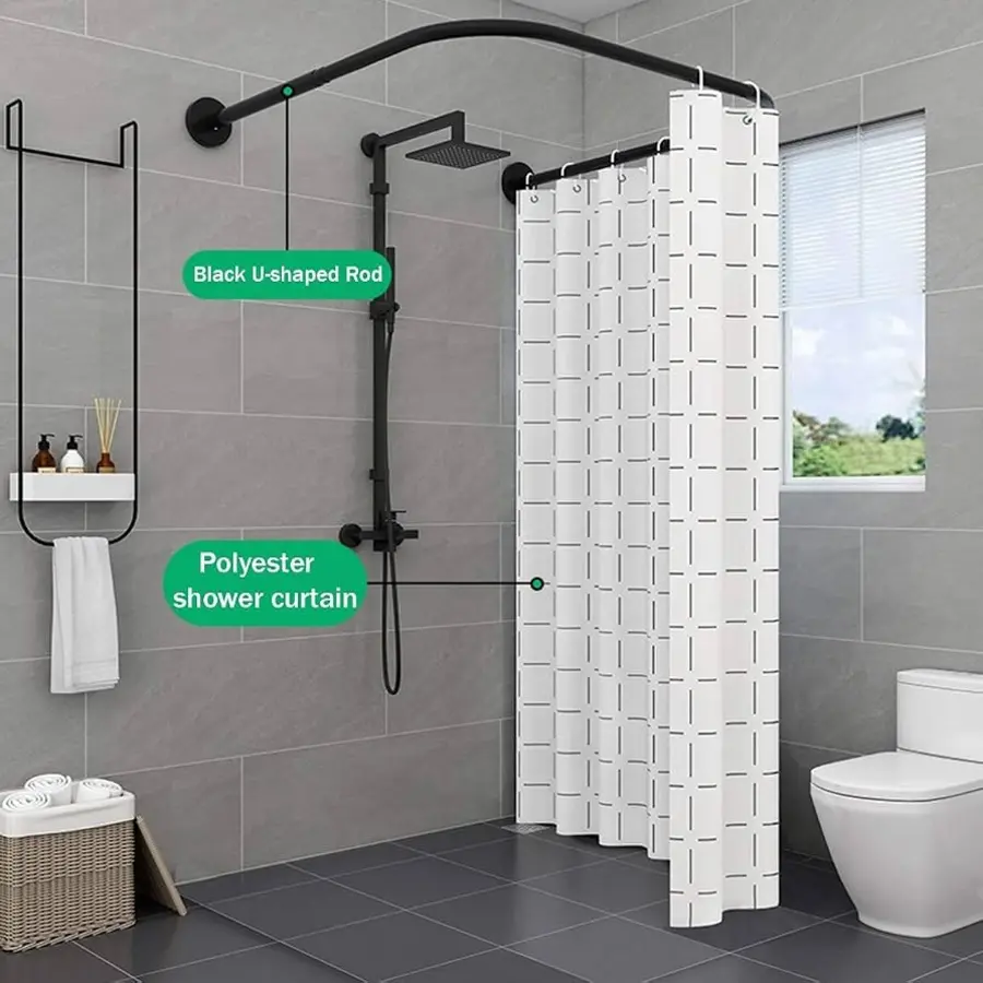 Curved shower rod and curtain in a modern bathroom setting.