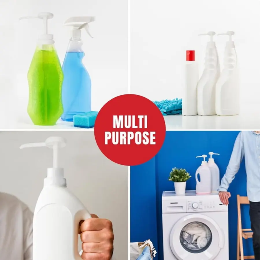 Cleaning products in various containers and a soap dispenser beside a washing machine.