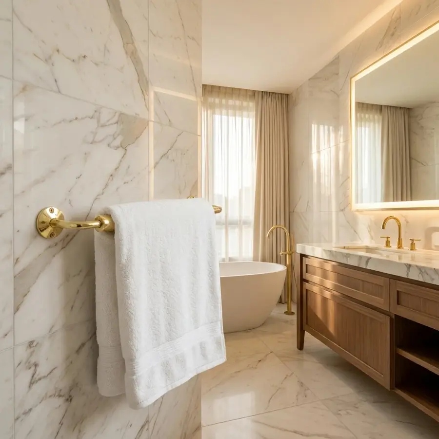 Tidy bathroom with a towel bar holding a white towel against a marble wall.