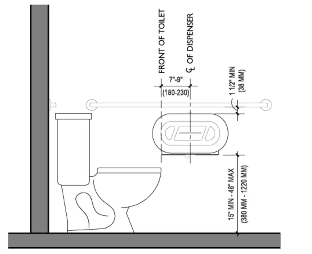 Toilet paper holder placement diagram showing height and distance from toilet.