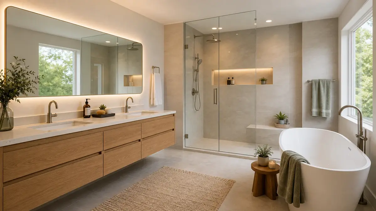 Modern bathroom featuring a double vanity, towel bar, shower, and freestanding tub.