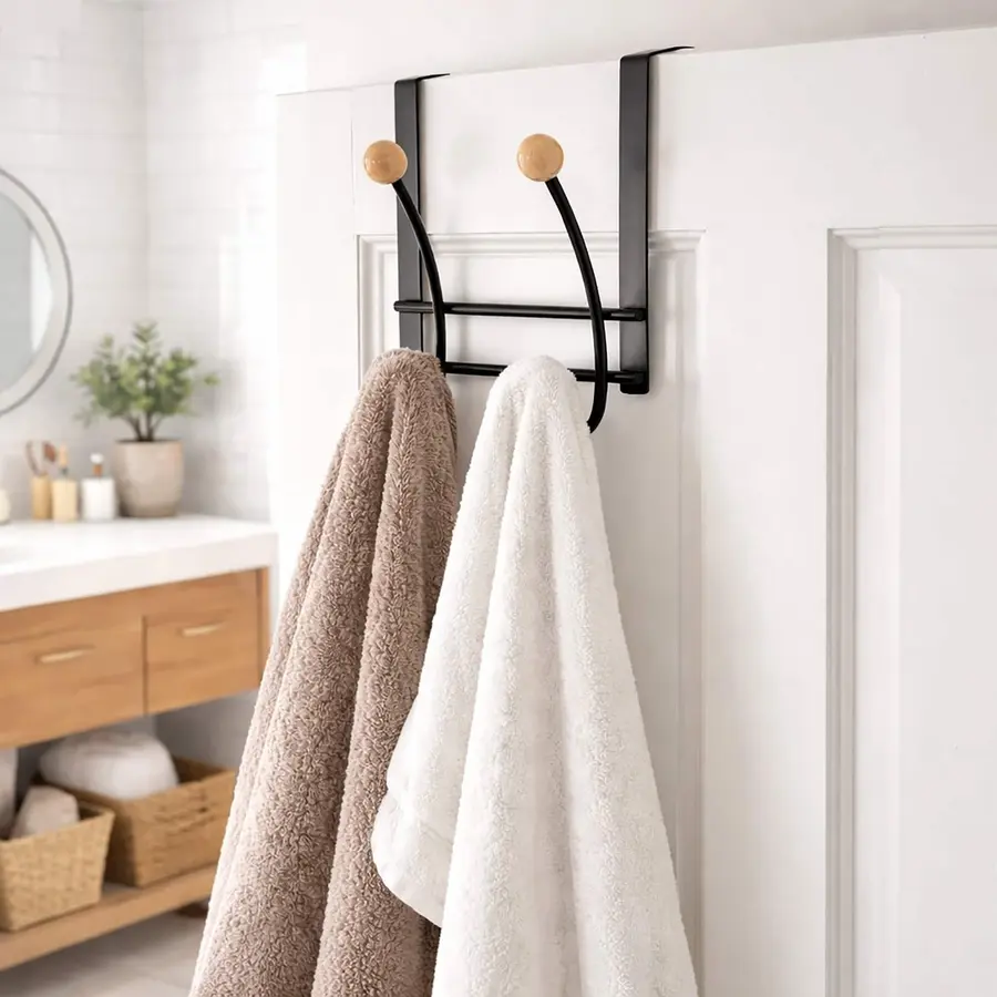 Black metal towel rack with wooden hooks holding two towels, one brown and one white.