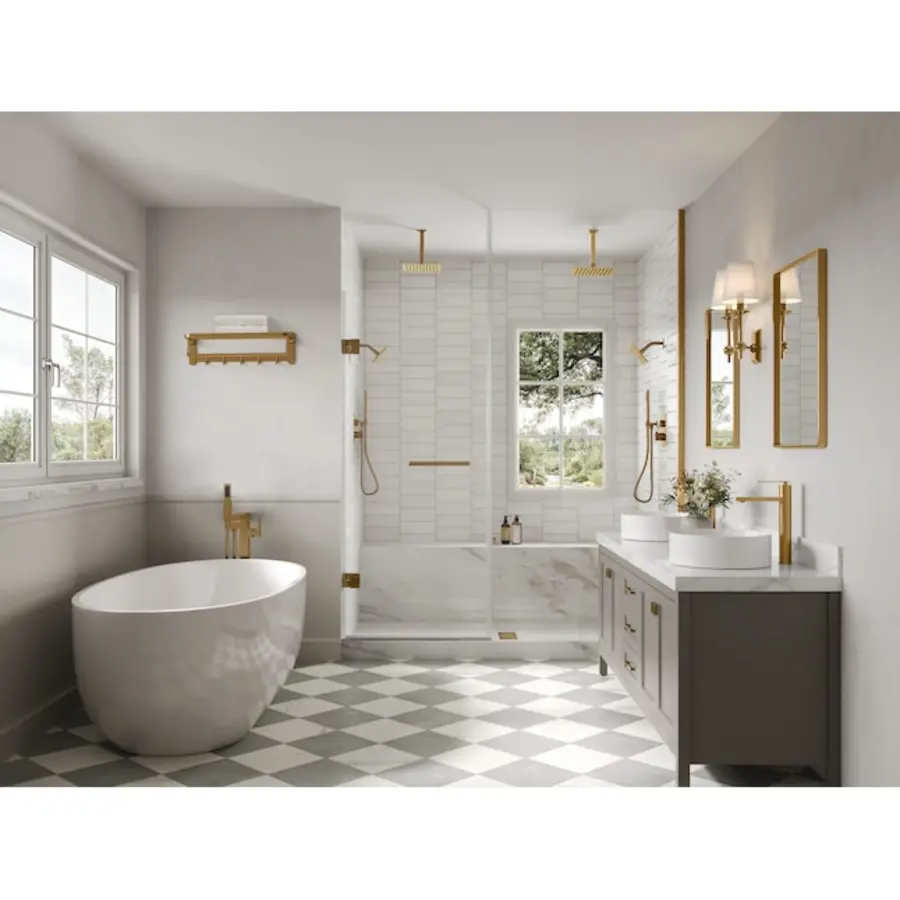 Modern bathroom with a freestanding tub, double sink, and wall-mounted towel hooks.