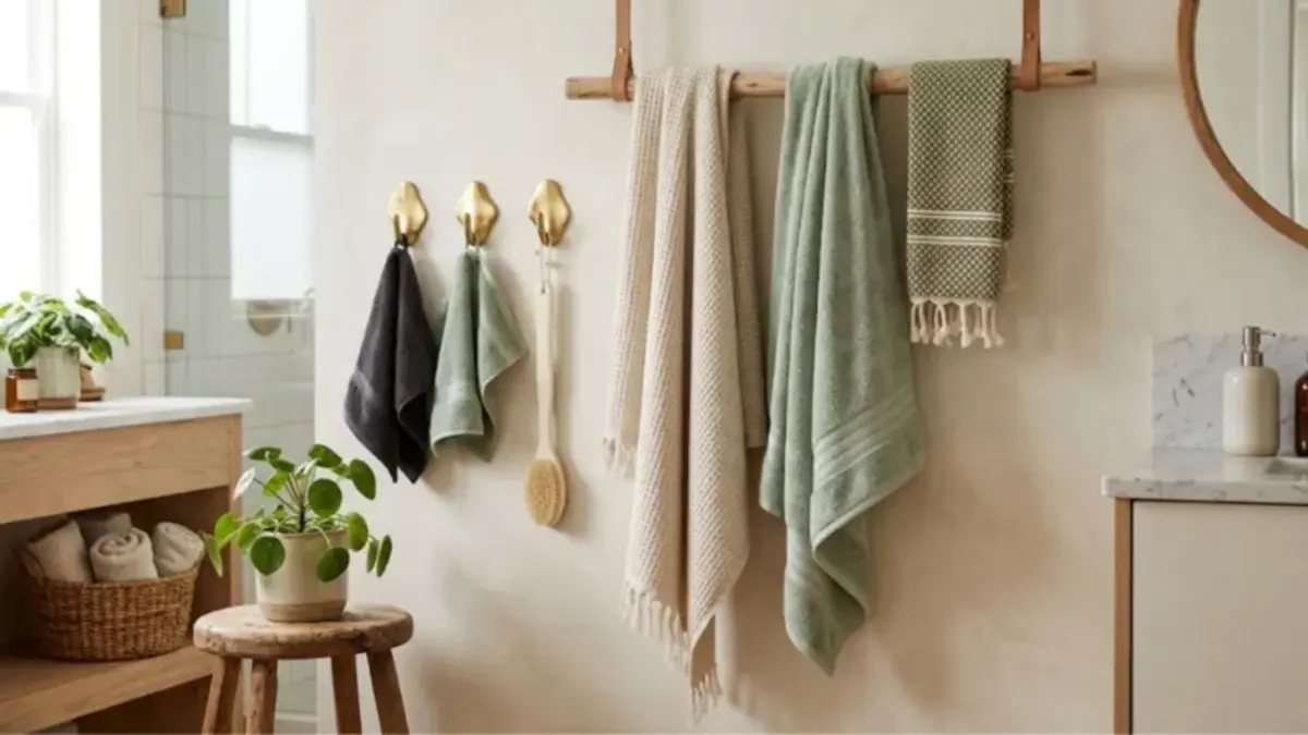 A practical bathroom setup featuring several towels hung on a wooden rack.
