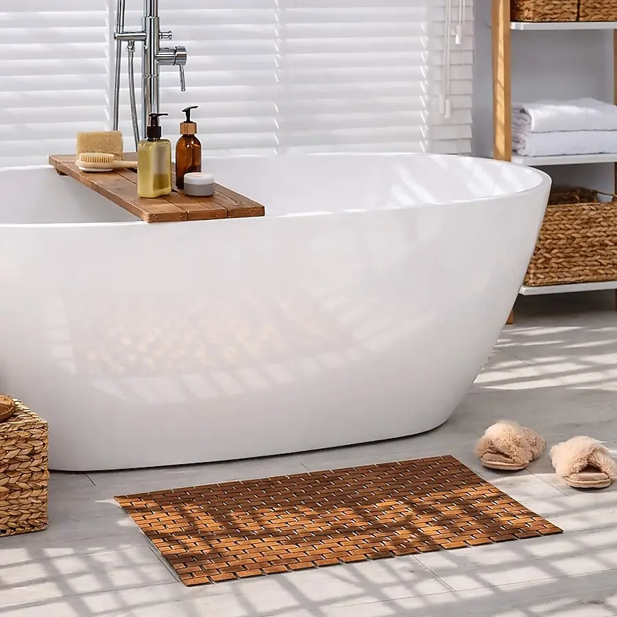 Clean bathroom featuring a modern freestanding tub, wooden bath caddy, and woven bath mat.