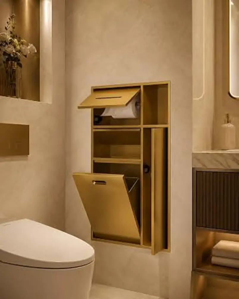 Golden wall-mounted storage unit with compartments for toilet paper and waste in a bathroom setting.