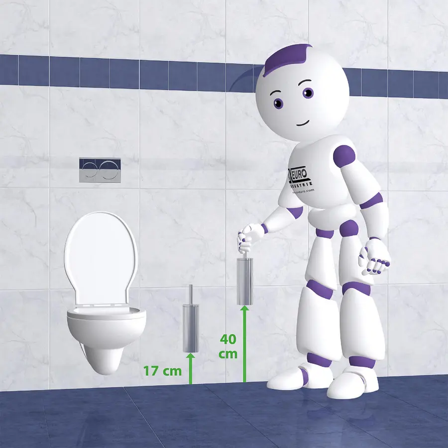 A robot figure stands beside a toilet, holding two brush holders marked with height measurements.