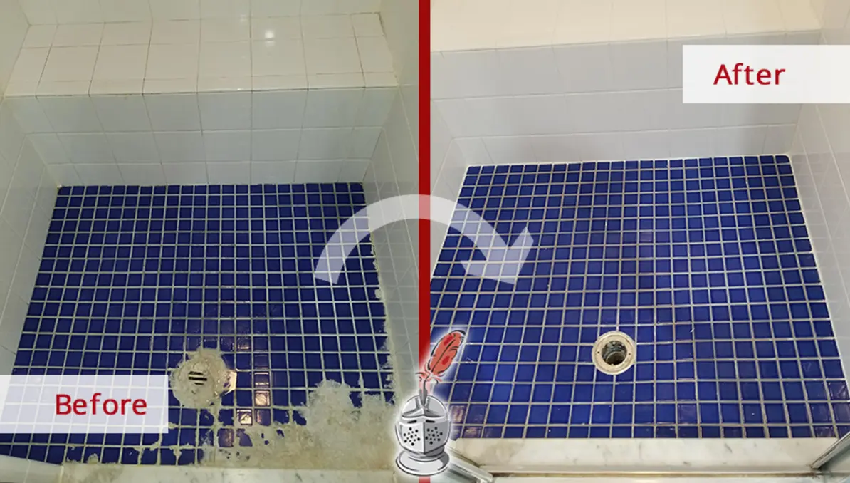 Shower stall comparison showing dirty blue grout before and cleaned blue grout after.