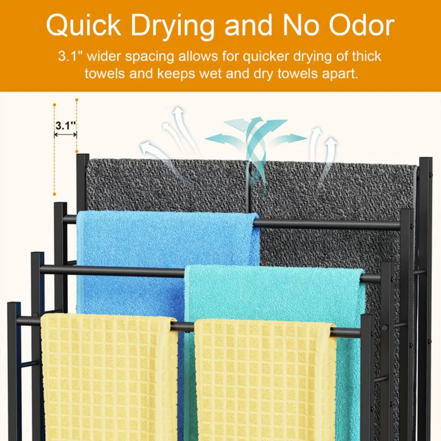 Towels hanging on a rack with space for airflow between them.