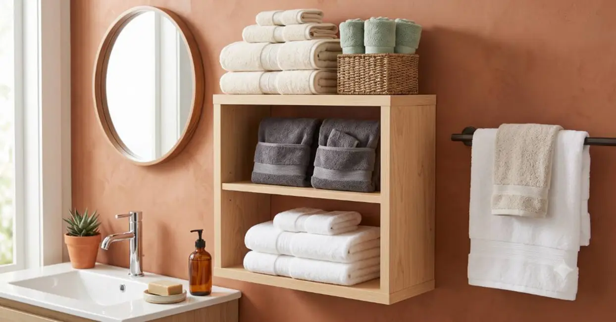 A bathroom scene with neatly arranged towels on a shelf and a sink with soap.